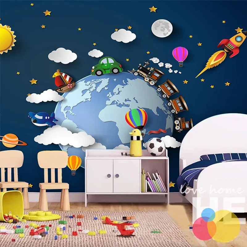 

Custom Any Size Mural Wallpaper 3D Cartoon Fantasy Starry Sky Cloud Earth Small Train Car Balloon Rocket Background Home Décor