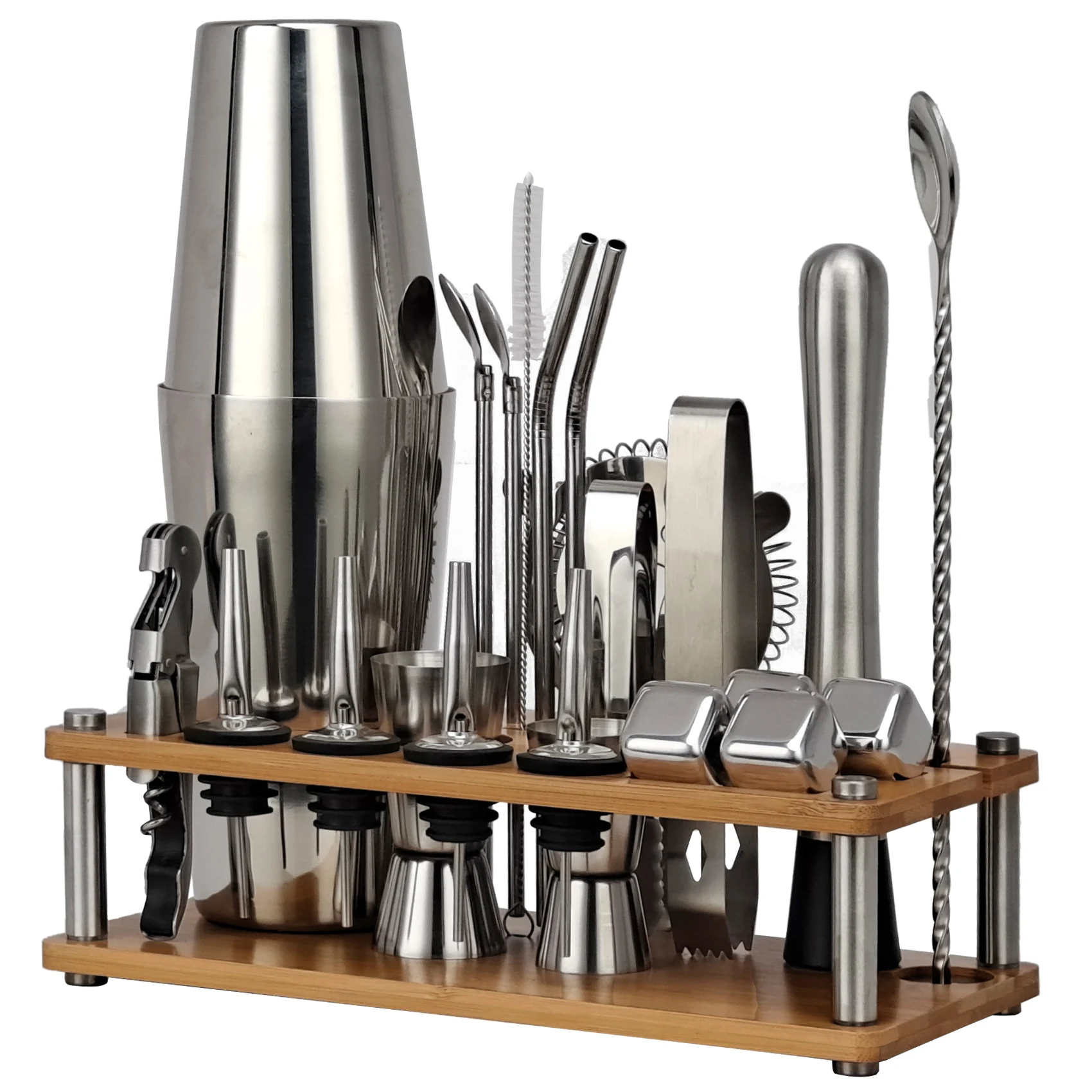 Juego de coctelera de 23 piezas, Kit de camarero con soporte de bamb&uacute; desmontable, herramientas de Bar para casa y fiesta de acero inoxidable, regalo perfecto-0