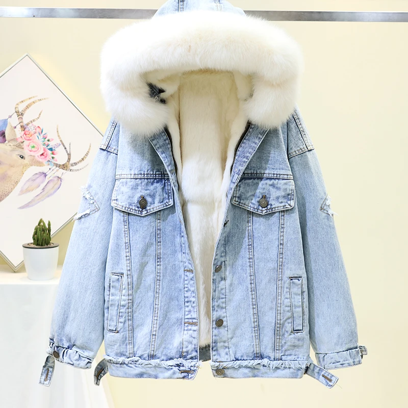 Пальто из натурального меха зимняя Свободная джинсовая куртка Женская Толстая