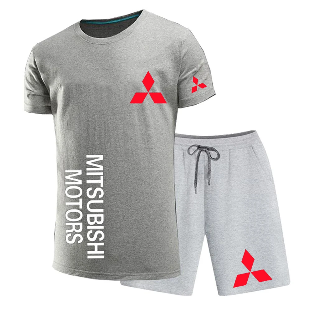 

New Men Short Sleeves Mitsubishi Motors Car Logo Unisex Harajuku T-Shirt high quality Cotton T Shirts shorts suit 2Pcs Sportwear