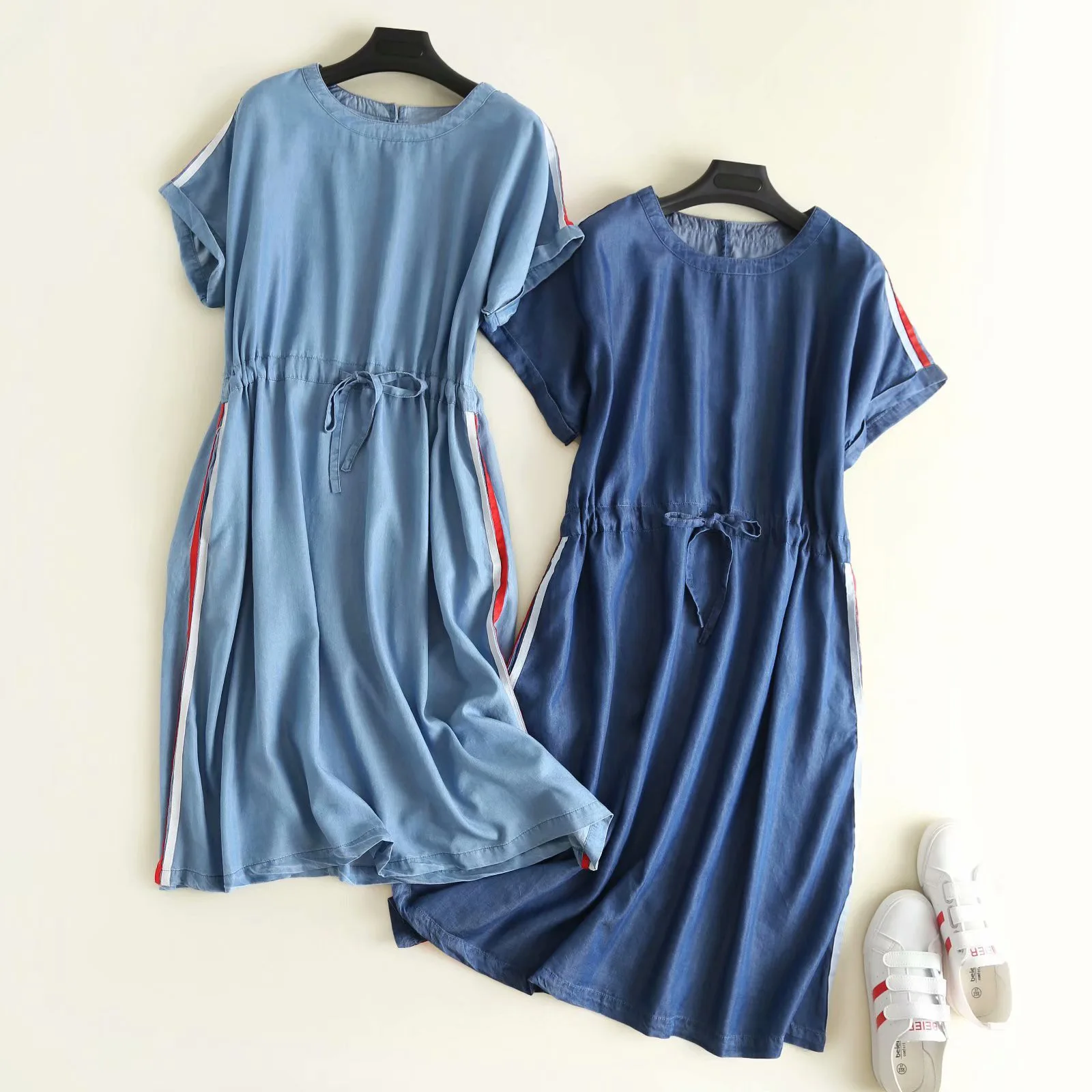 

The New Korean Version Of Summer 2021 Women's Casual Denim Dress With Two Sides Stripes Drawstring