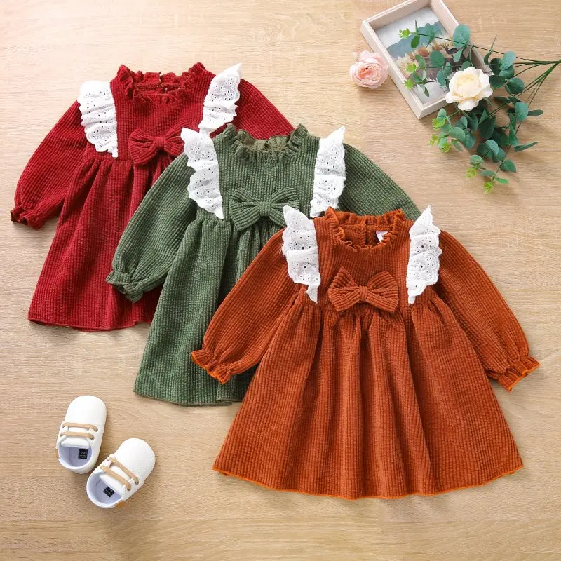 3M-3Y Toddler Kid Baby Girls Dress Vintage Ruffles Long Sleeve Dress For Girls Solid Autumn Spring Children Costhes Costume