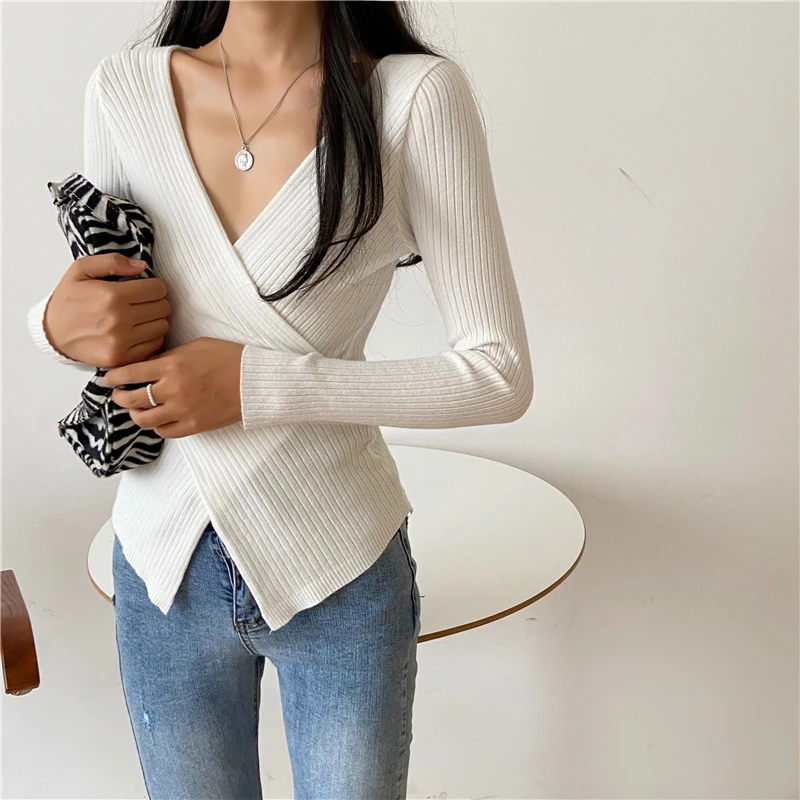 

Cheap wholesale 2021 spring autumn winter new fashion casual warm nice women knitted v neck sweater woman female OL Py9012