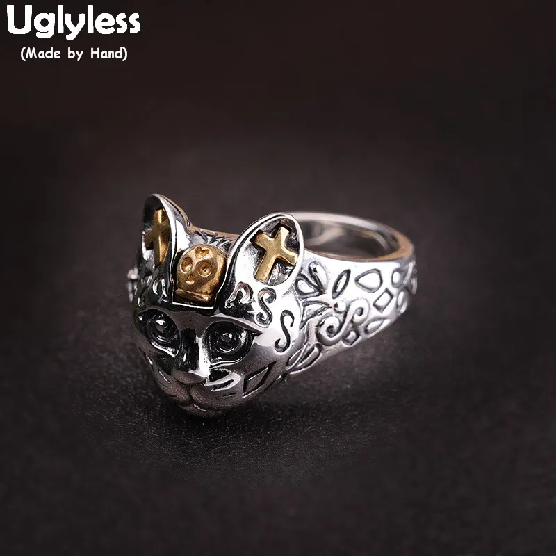 

Uglyless Cool Skull Cat Rings Women Steam Punk Animal Sad Cat Open Rings Thai Silver 925 Silver Cross Bijoux Fine Jewelry R816