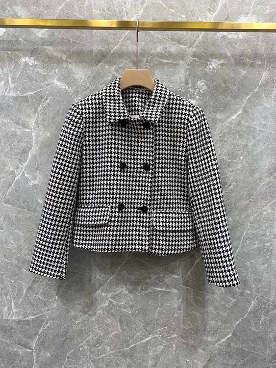 

2021 new women fashion double-breasted houndstooth short coat 1117