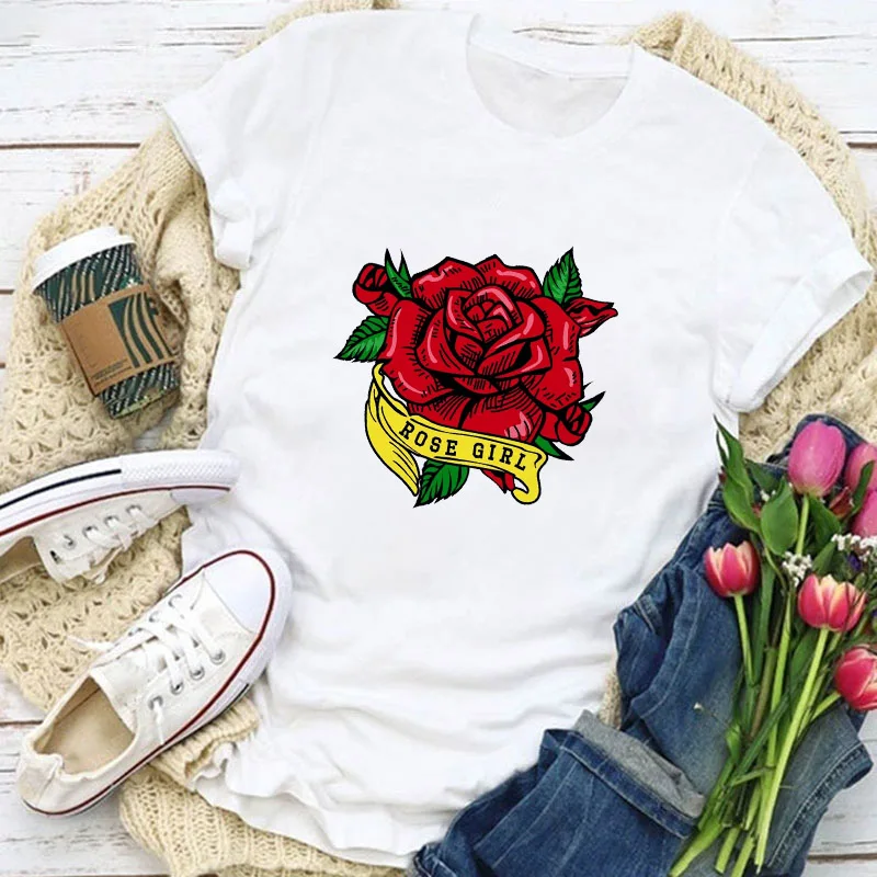 

Flowers and Flowers Aesthetic Print T-shirt 2021 New Summer Girls T Shirt Romantic Vintage tees Soft Casual White Female Tee