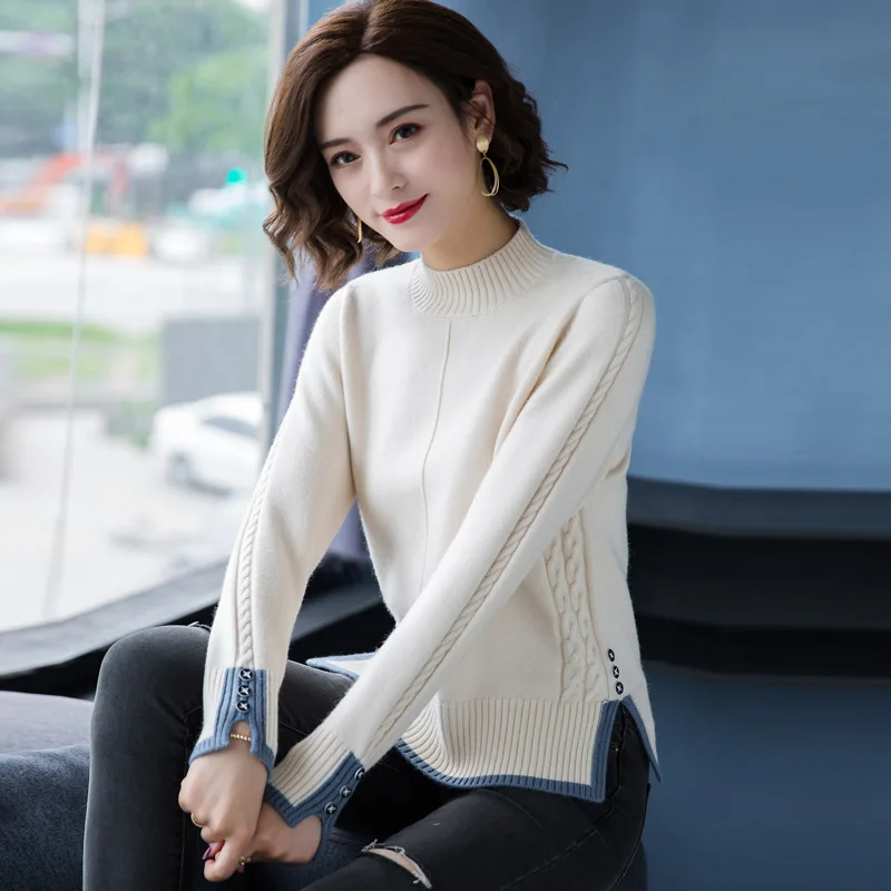 

Casual Female Basic Sweater Autumn Winter Button Long Sleeve Women's Cropped Jumpers Solid Slim Half Turtleneck Women's Pullover