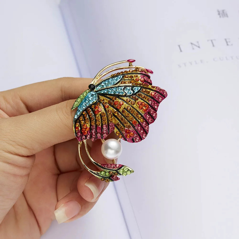 Женская модная Элегантная Брошь в виде бабочки Стразы с жемчугом животное