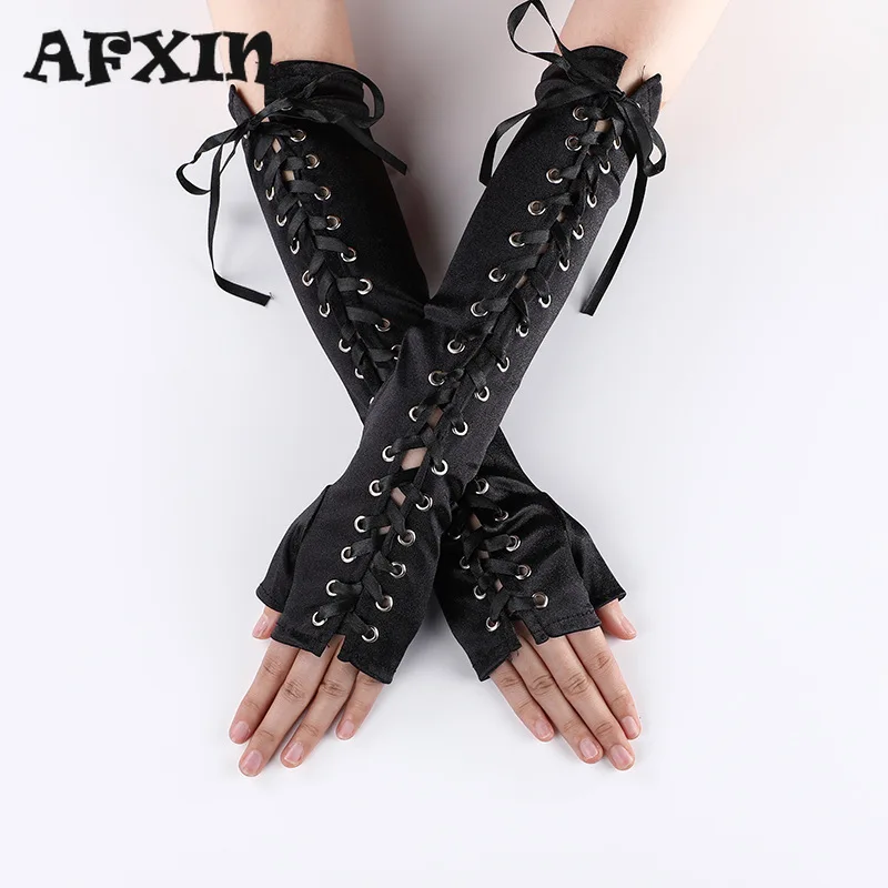

Женские длинные перчатки без пальцев в стиле Харадзюку, костюмы в готическом стиле, панк-рок, Необычные атласные бандажные перчатки на шнур...