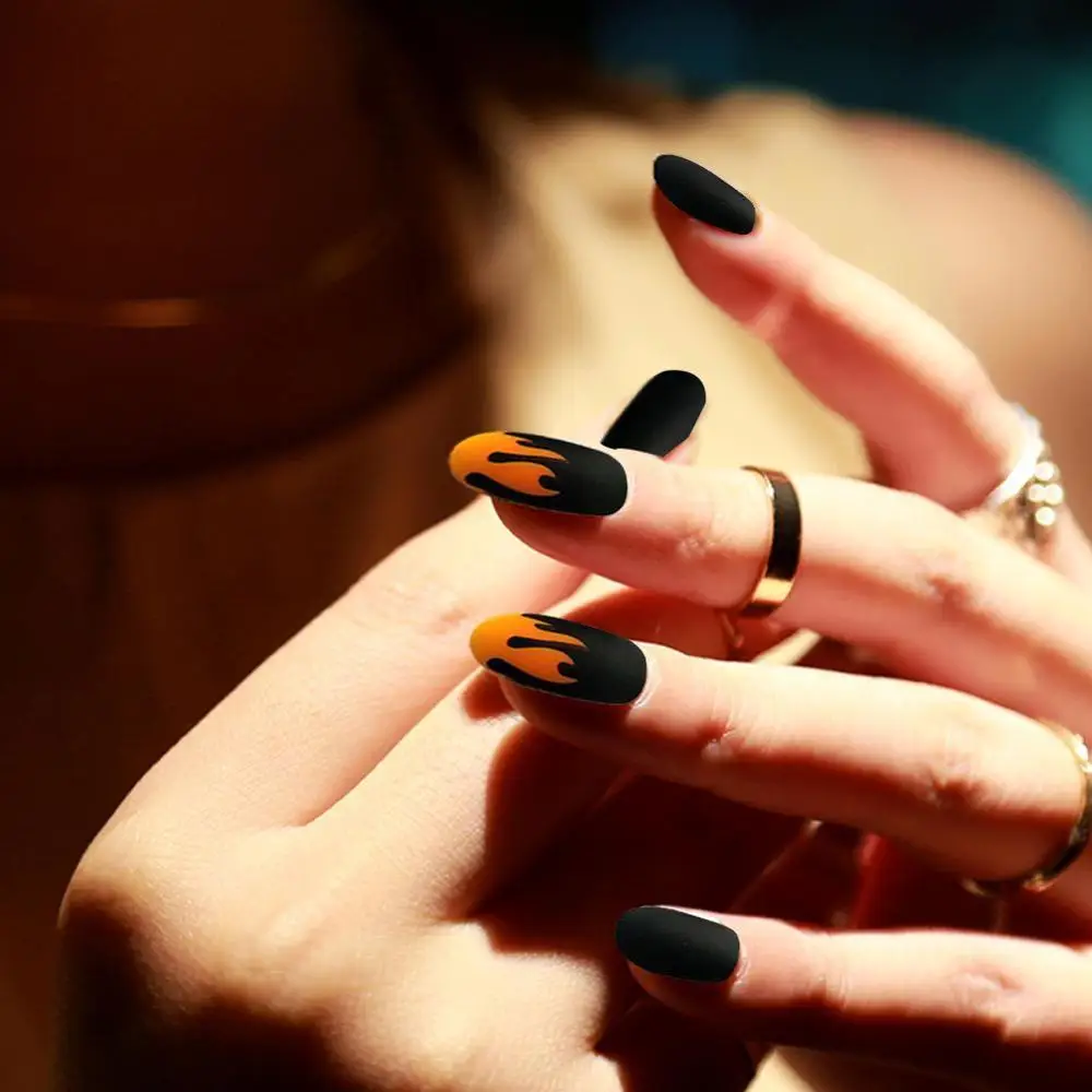24 шт./компл. матовые накладные ногти в стиле панк с пожарным узором 1 бутылка клея