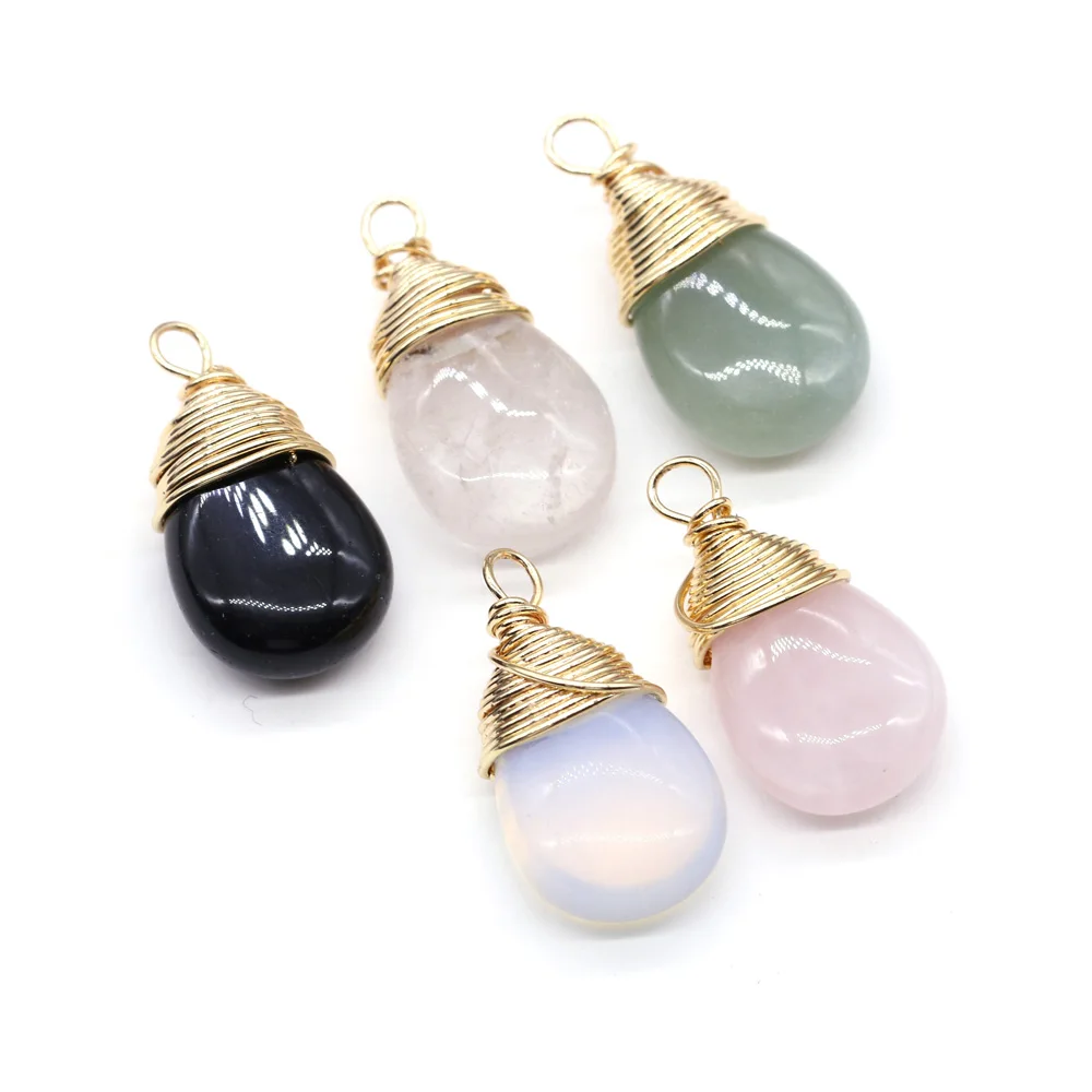 

Natural Stone Pendants Waterdrop Shape Copper Wire Wrapped Crystal Agates Stone Charms for Jewelry Making Necklace Bracelet Gift