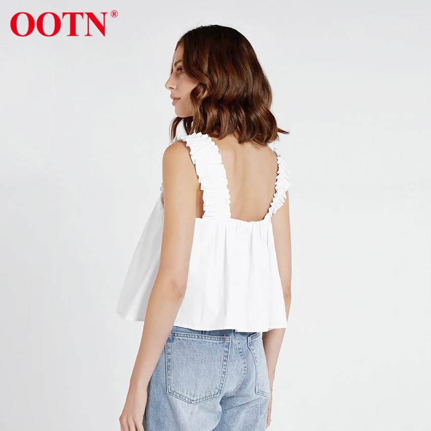 

OOTN Cotton Ruffled Sleeveless Vest Top Female Loose Casual Tank Top Square Collar Women Summer White Tank Top Plain Camisole