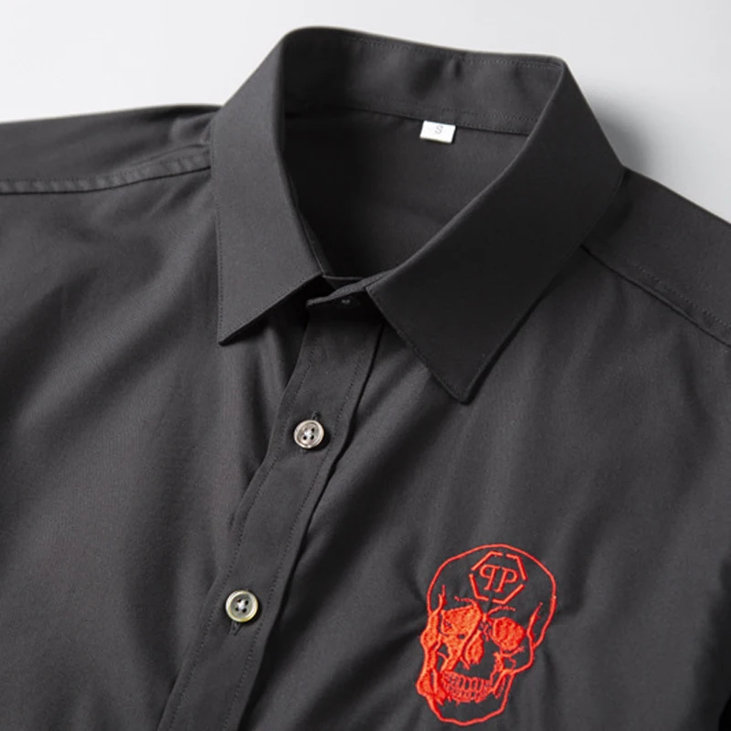 Европейская модная мужская рубашка бренд череп вышивка Chemise homme повседневные мужские рубашки однотонные тонкие рубашки мужские S-3XL