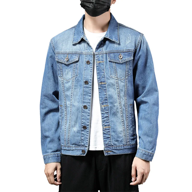 Light Blue Denim Jacket for Men Fashion Slim Long-sleeved Lapel Coat Single-breasted Youth Student Fashion Upper Outer Garment