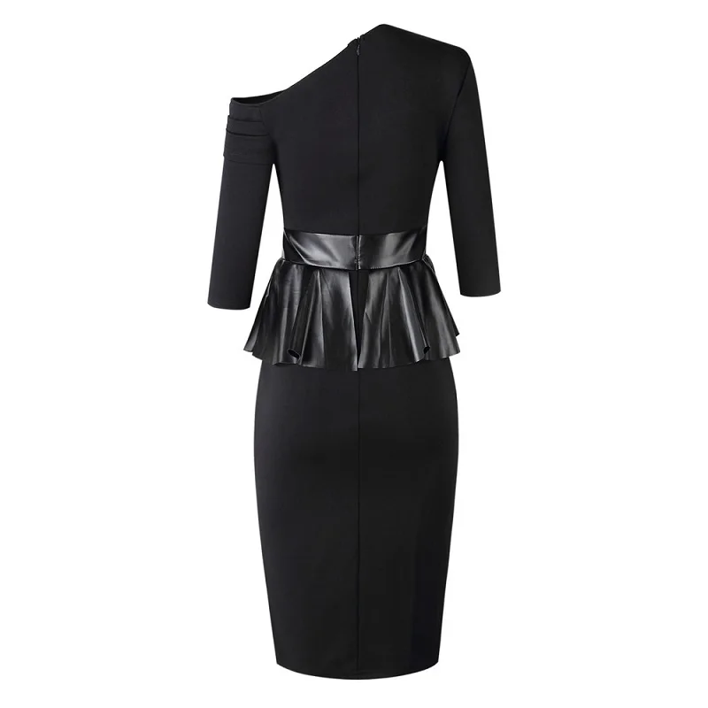 Women Long Sleeve One Shoulder Peplum Dress Elegant Office Lady PU Insert Work Dress Sexy Solid Party Midi Dress