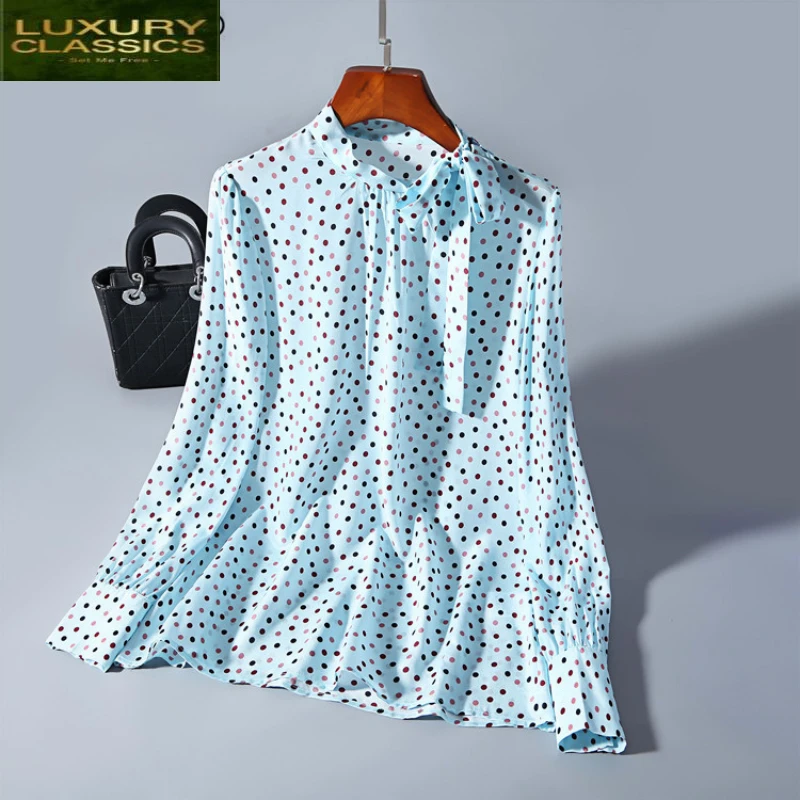 Blouse Silk 100% Real Women Long Sleeve Shirts Polka Dot Blouse Spring Tops Vintage Blusas Mujer De Moda 2021 LWL1613