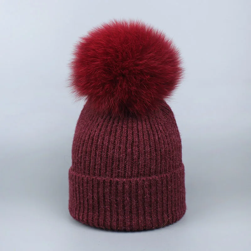 Parent-child Wool Knitted Scarf Hat Set With Real Fox Fur Pompons Women Girls Winter Warm Thick Crochet Hat Scarf 2 Pieces Sets - Color: M