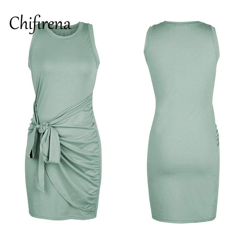 

Chifirena Sexy Summer Dress Women Belt Ruched Bodycon Tank Dresses Woman Sleeveless Elegant Party Bandage Sundress Solid Vestido