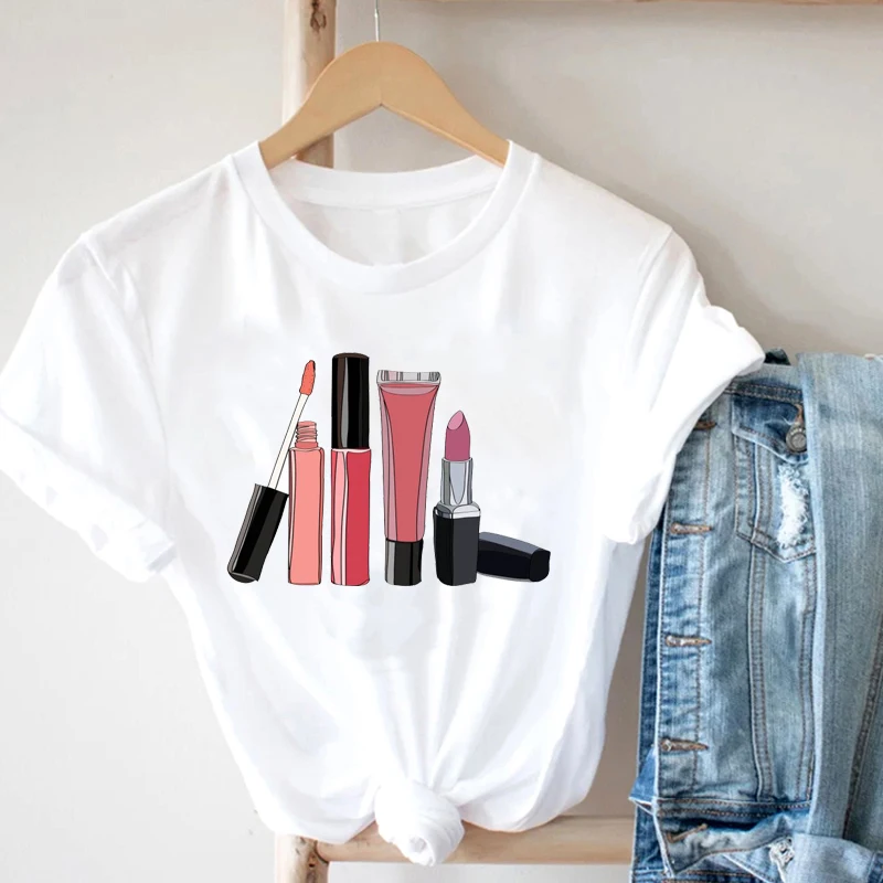 

Harajuku Design Cute Short Sleeve T-Shirts For Girls Beauty Makeup Cartoon Printed Summer T-Shirts Joker Women's Clothing 2021