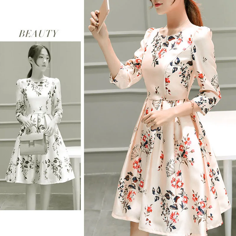 

Women Spring Dress 3/4 Sleeves A-line Round Neck Floral Printed Knee-length Clothes NIN668