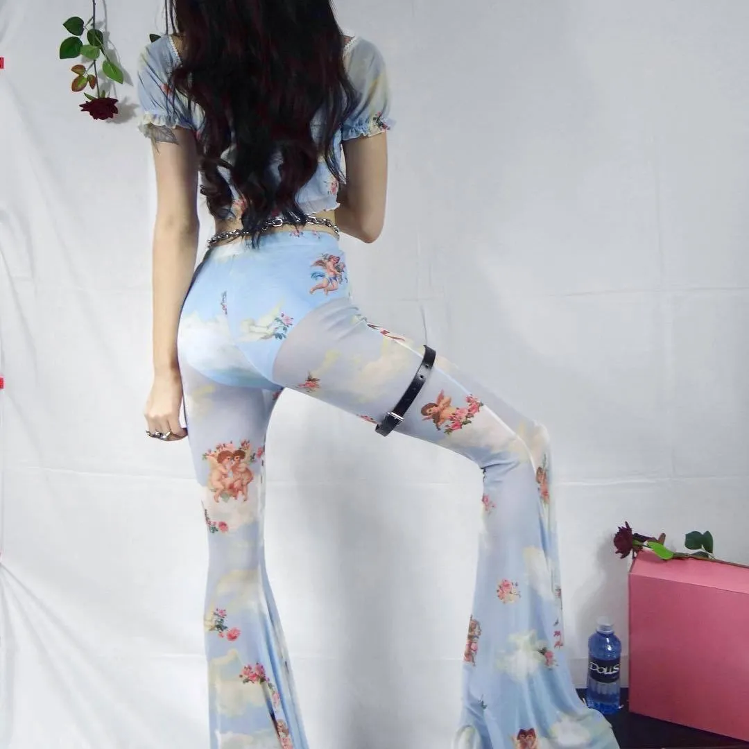 Футболка с треугольным вырезом прозрачные сетчатые брюки принтом Angel комплект из