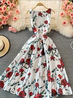 rose flower print high waist long maxi dress 2022 summer women fashion tank sleeveless a line slim party dress vestidos m76650