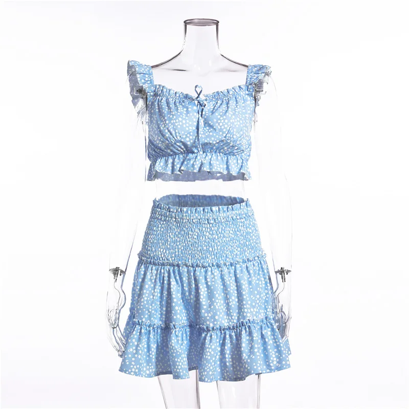 

Chiffon T-shirt Spring Summer Bohemian Holiday Female Tank Top Blue 2021 Sexy Flower Print Ruffles Tops Camis Outfits for Women