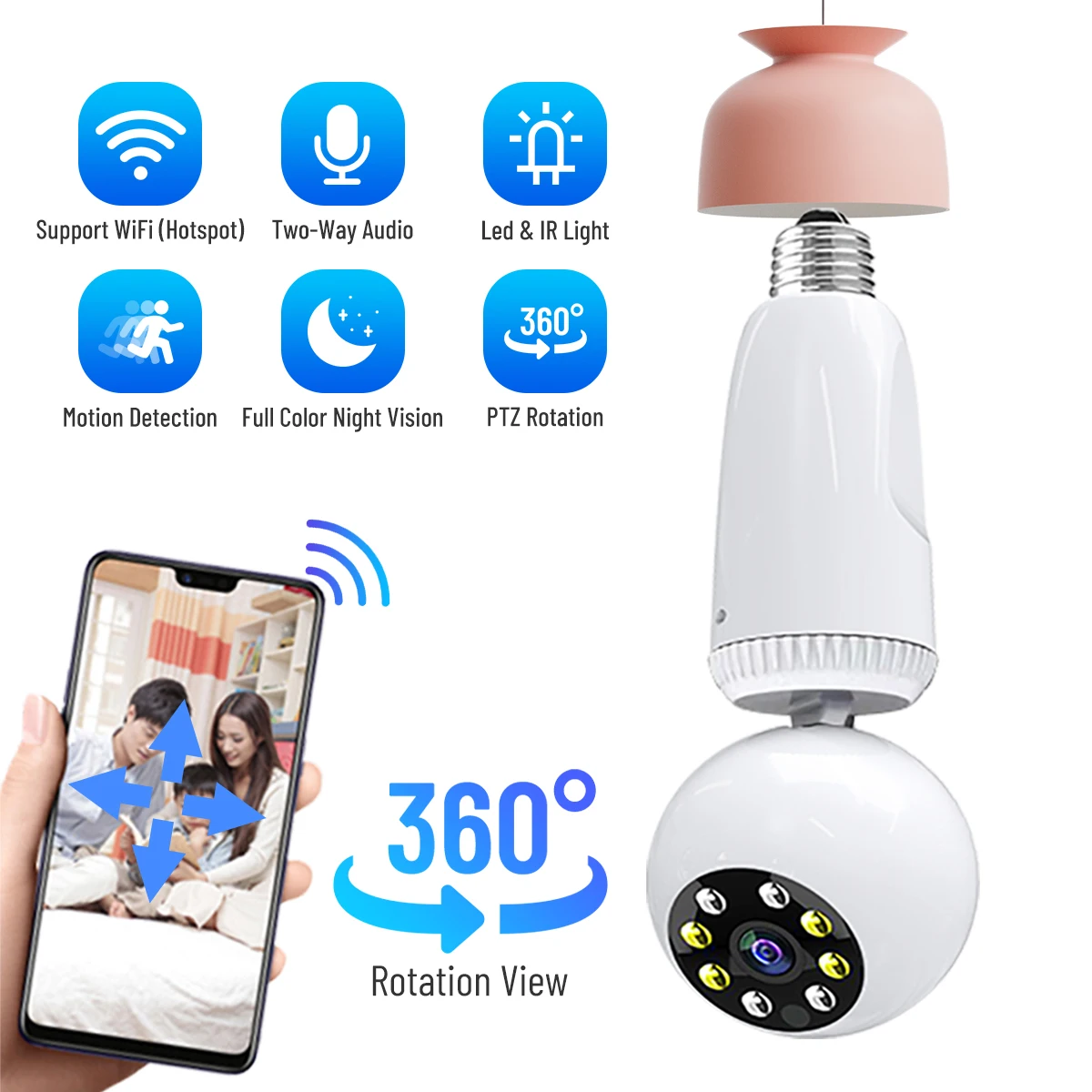 

Bulb Camera 360 Degree Rotation Auto Tracking HD Wifi Network Night Vision Wireless Surveillance Camera baby nanny camera