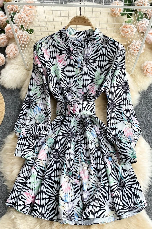 

Palace style small dress, ladies high-end women's temperament stand-up collar buttoned slim short design print dress