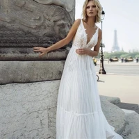 boho deep v neck wedding dress simple pleat lace appliques a line button sleevelesss floor length bride gown vestidos de novia
