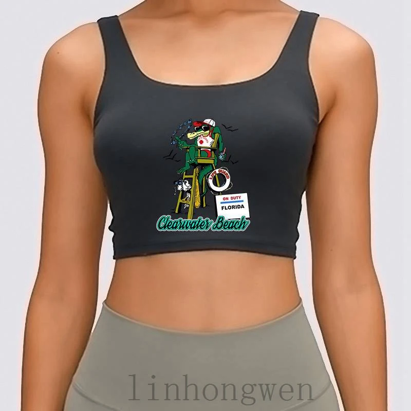 

Funny Clearwater Beach Florida Alligator Lifeguard Women Tank Top Cotton Costume Graphic S-XL Comical Printing Letter Crop Top