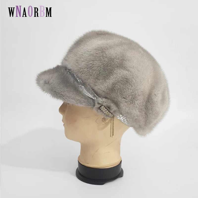 Fur Hat Winter Warm Natural Mink Fur Hats for Women Classic Luxury Caps Earflap Christmas Hat Thermal octagonal hat with brim