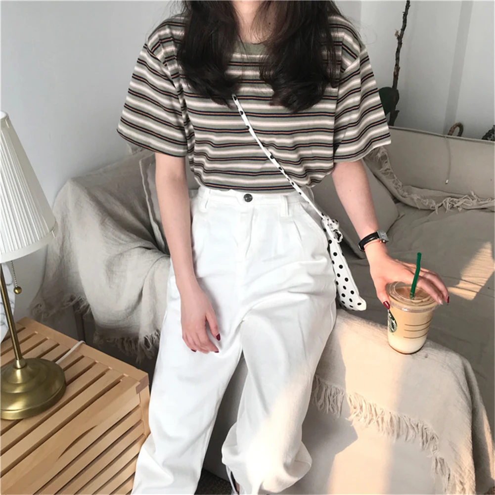 

Women Summer T-Shirt Girls Loose 2021 New Tees Fashion Striped Short Sleeve Round Neck Top For Girls Khaki 2XL