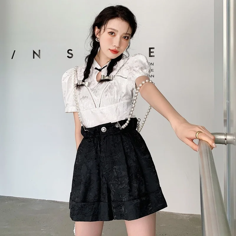 

Chinese Style Women Blouse 2021 Summer New Stitching Lace Jacquard Puff Sleeve Shirts Design Elegant Short Sleeve Women Tops