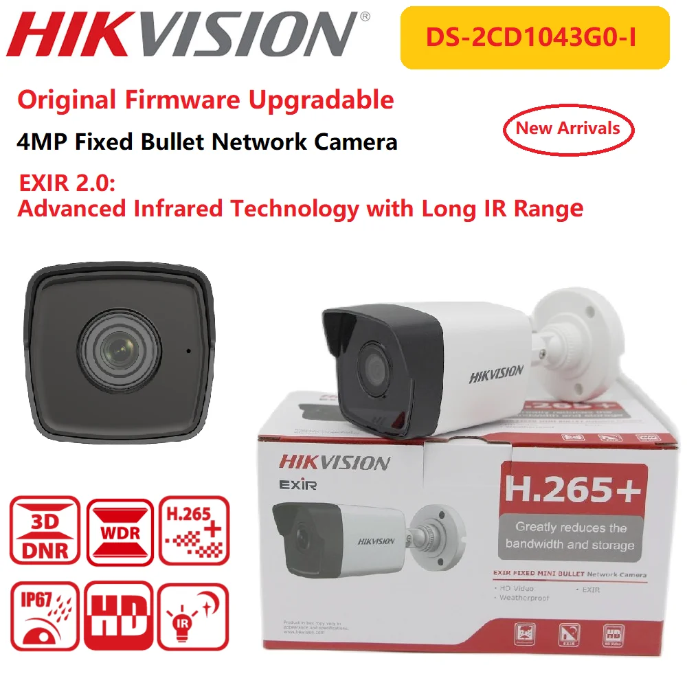 

Hikvision IP Camera 4MP DS-2CD1043G0-I Fixed Bullet Cam Water&Dust Resistant High Protection Level IP67 EXIR2.0 H.265+ 120dB WDR