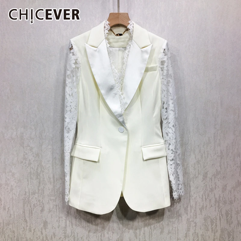 

CHICEVER OL Elegant White Patchwork Lace Women's Blazer Notched Collar Long Sleeve Loose Coat Female 2020 Autumn Fashion New