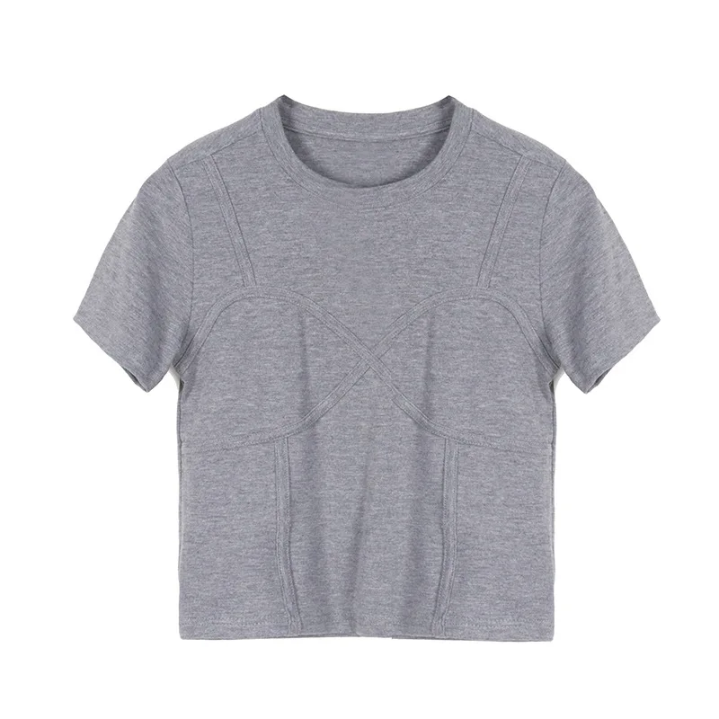 

2021 Summer New Slim Short Sleeve T-shirt Women's Round Neck Solid Color Short Top Shoulder Pad Fake Two Piece T-shirt Yalabovso