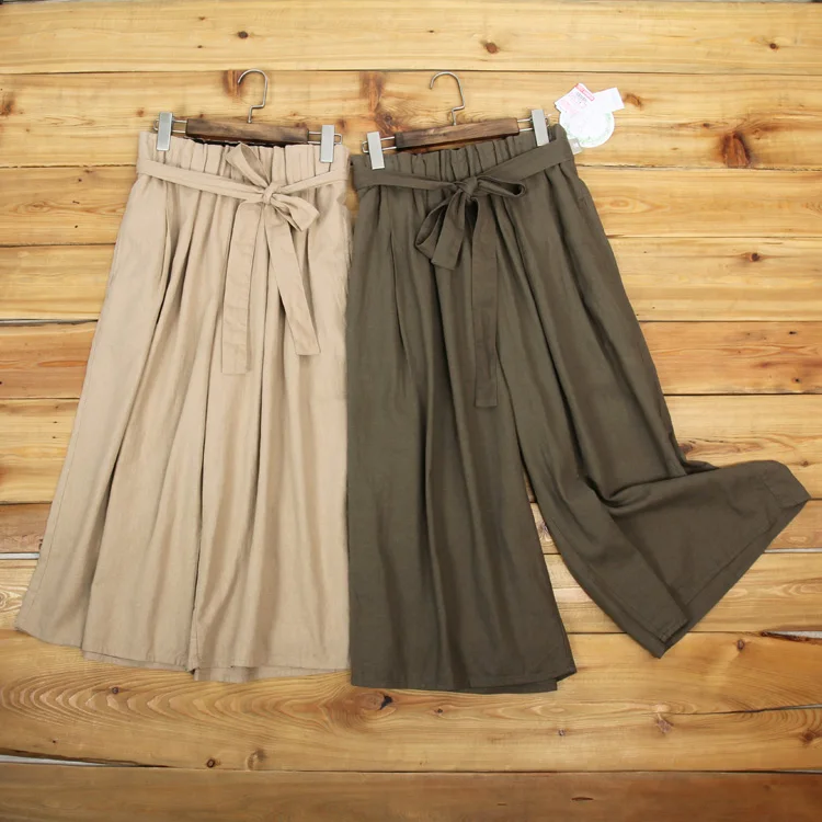 

Linen cotton spring autumn drop loose waist wide leg pants women culottes elastic waist casual female trousers