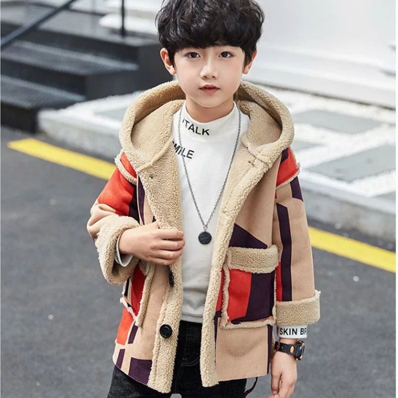 Плотные шерстяные пальто флисовые куртки с капюшоном и принтом для маленьких