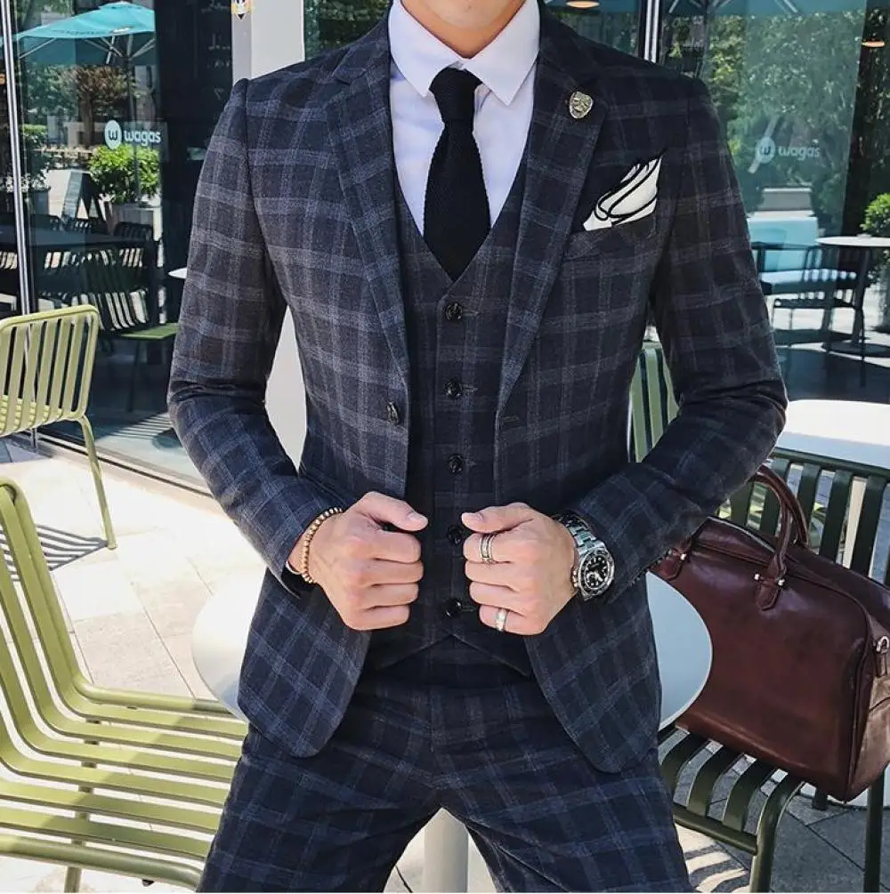 Mens Wedding Blue Slim Fit 3 Piece Checked Suits Single Breasted Vintage Fashion