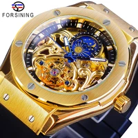 forsining royal style tourbillon automatic wristwatch luxury skeleton mechanical men watch silicone strap moon pash display dial