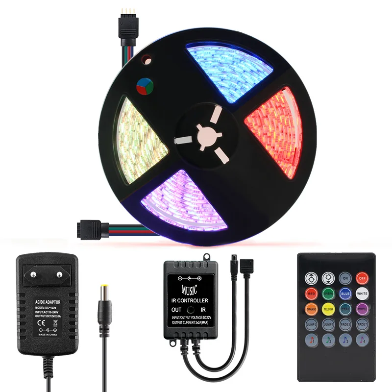 

12V 5050 Led Strip Waterproof BackLight 5M 10M 15M RGB Tape 20Key IR Remote Music Controller DC 12V Adapter Set Home Decor