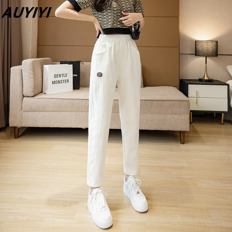 

AUYIYI High Waist Denim Cotton Daddy Pants 2021 New Fashion Trend Summer Cropped Trousers Casual Loose Feet Harem Pants