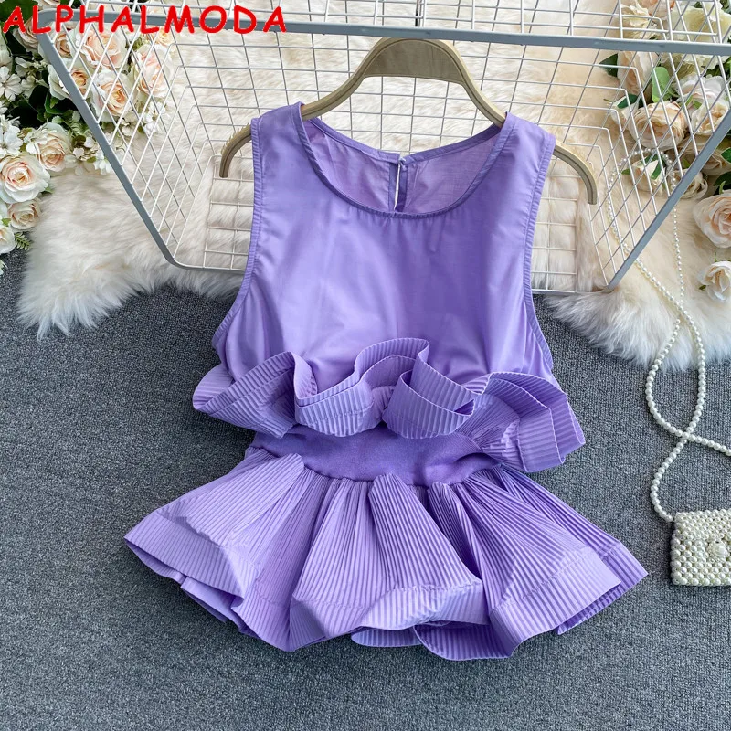 

Женская плиссированная блузка ALPHALMODA, облегающий лоскутный шифоновый топ без рукавов на лето 2021