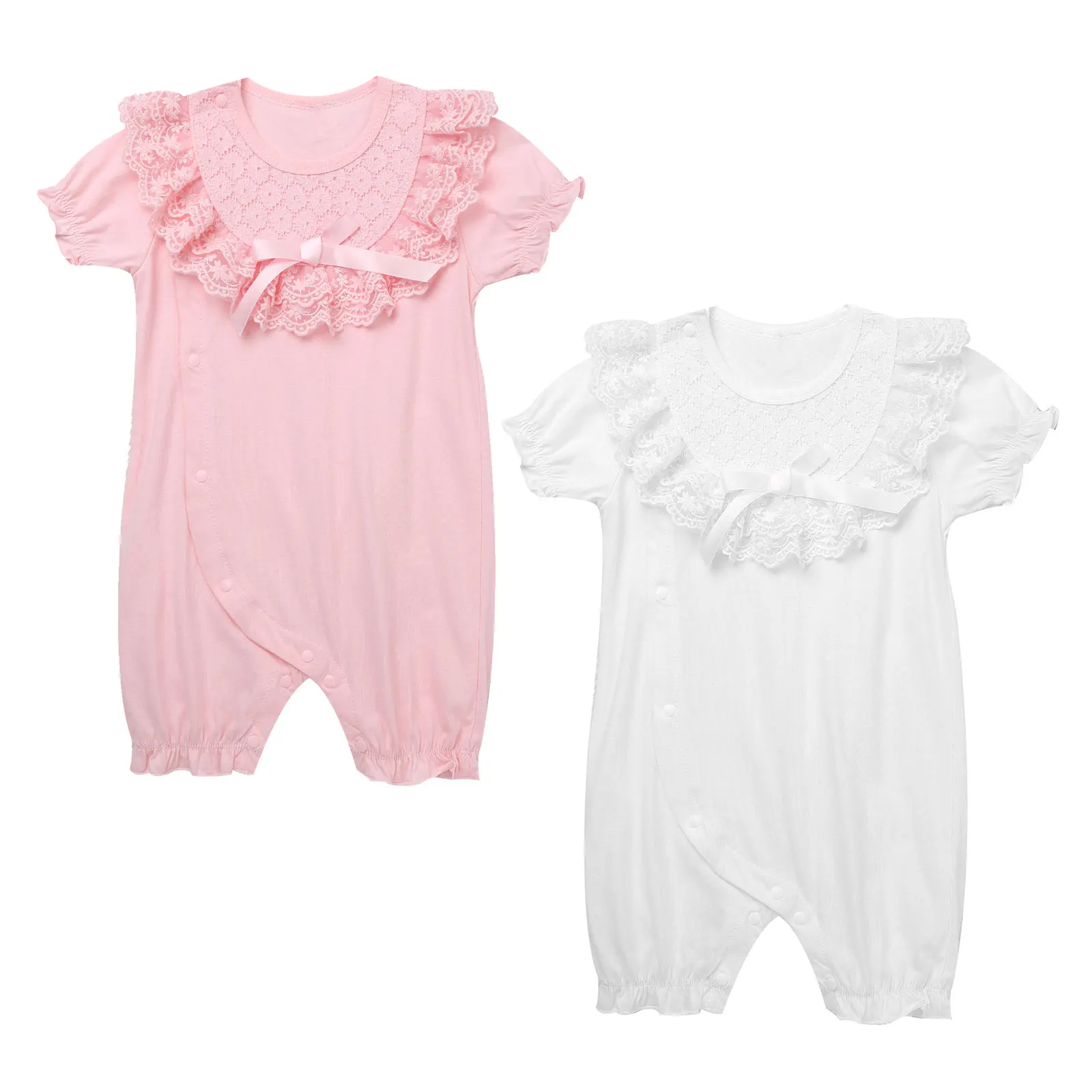 

Infant Baby Girls Summer Clothes Romper Ruffle Short Sleeve Lace Round Neck Bowknot Buttons Closure Front Solid Color jumpsuit