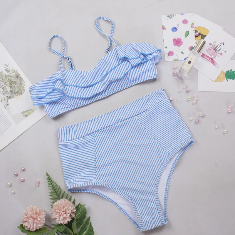 Sext Ruffled Bikini Set High Waisted Bathing Suits Padded Swimwear Women Striped Brazilian Bikinis 2019 mujer Swimsuit biquini | Женская