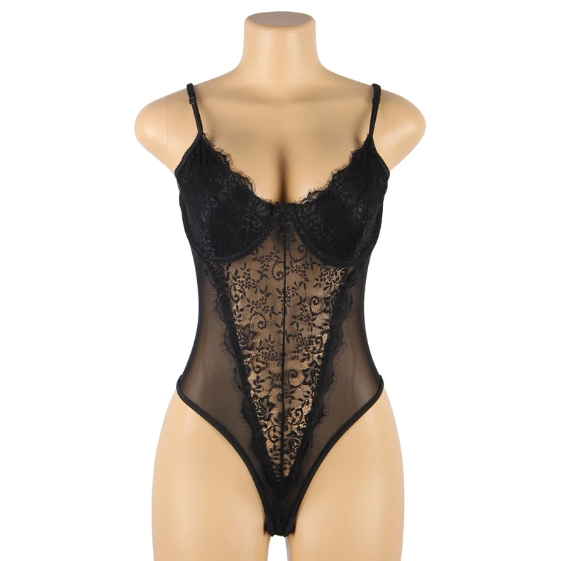 Women Mesh Sexy Teddy Backless Floral Lingerie Patchwork Lace See Through Body Femme Sling Underwire Button Lenceria RS80959
