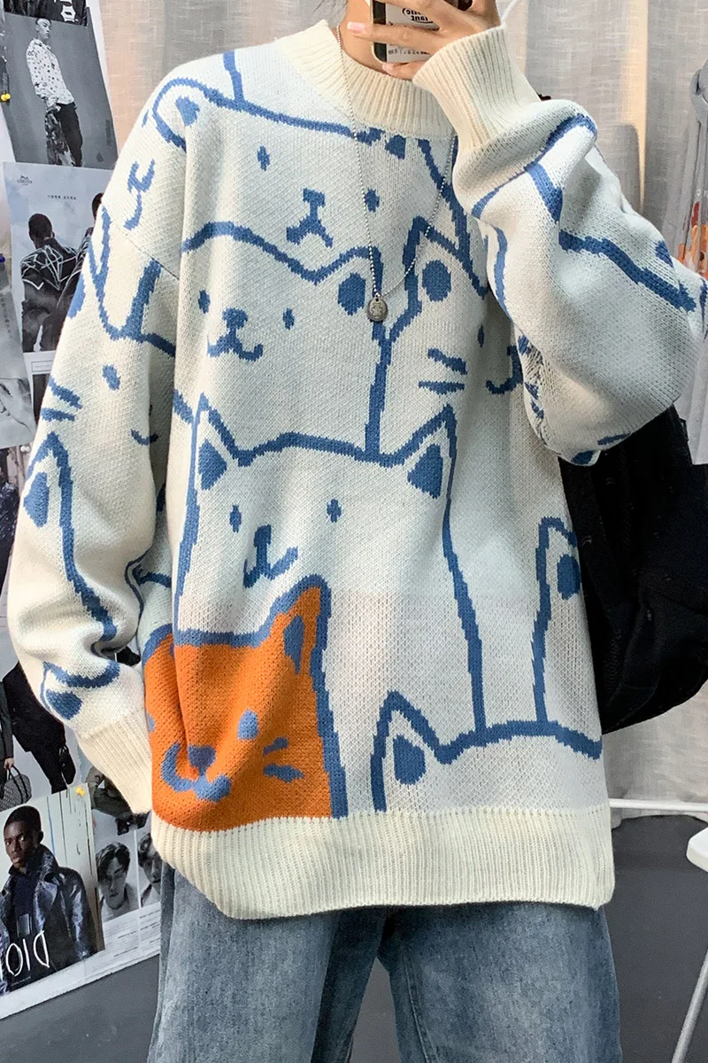 

2021 Fashion Men Hip Hop Harajuku Sweater Cartoon Casual Loose Knitted Pullover Knitted Men's Sweater Couple Unisex Design New
