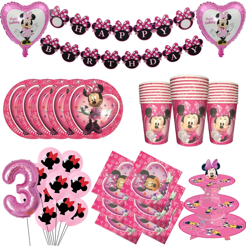 

Тема Диснея Минни Мауса, товары для дня рождения, бриллиантовая детская девочка, украшение для дня рождения, набор одноразовой посуды