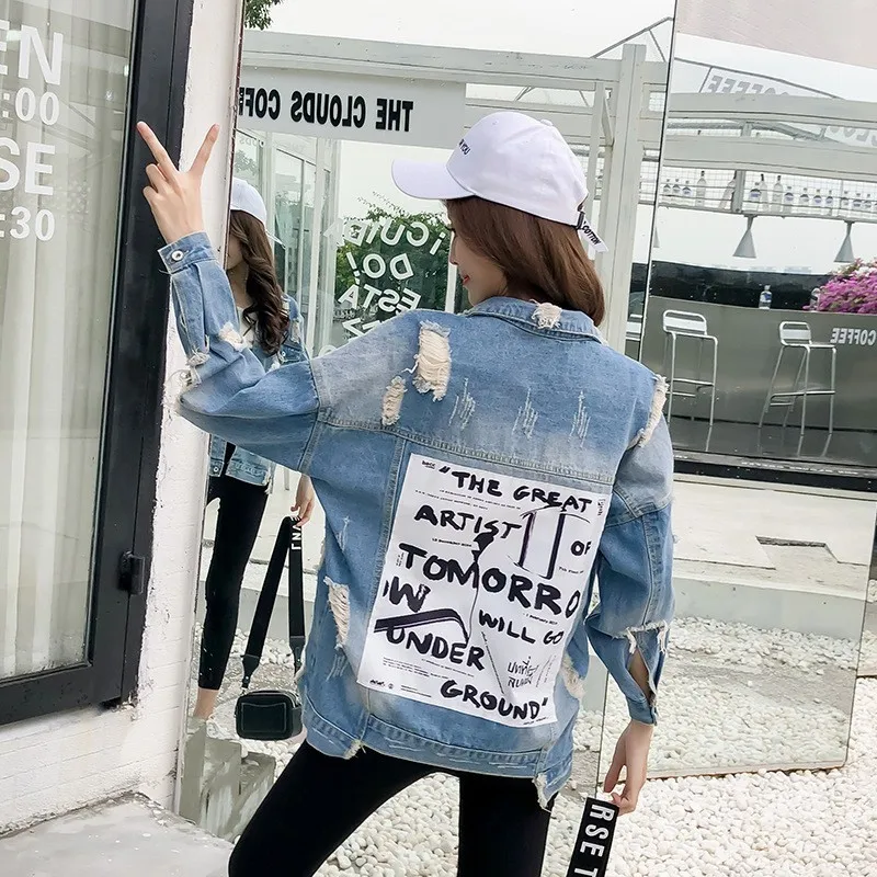 

Jacket Women Hot Vintage Letter Print Letter Frayed Jean Ripped Hole Denim Coat Female Bomber Jackets Chaqueta Mujer Outerwear